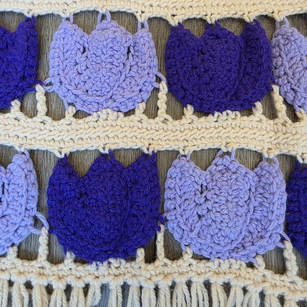 Vintage Handmade Crochet Purple & Cream Tulip Tulips Afghan Throw Blanket 85x45